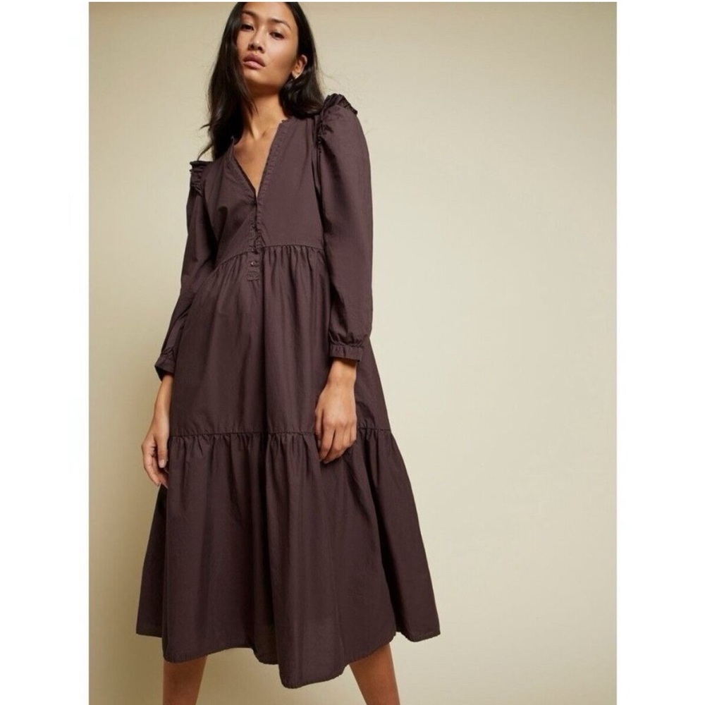Nation LTD Dalia Victorian Midi Dress Brown Tiered Ruffle Cotton Size Small